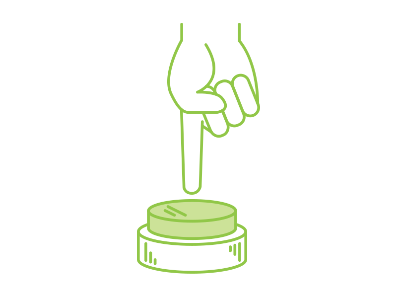 A disembodied hand pressing a big green button