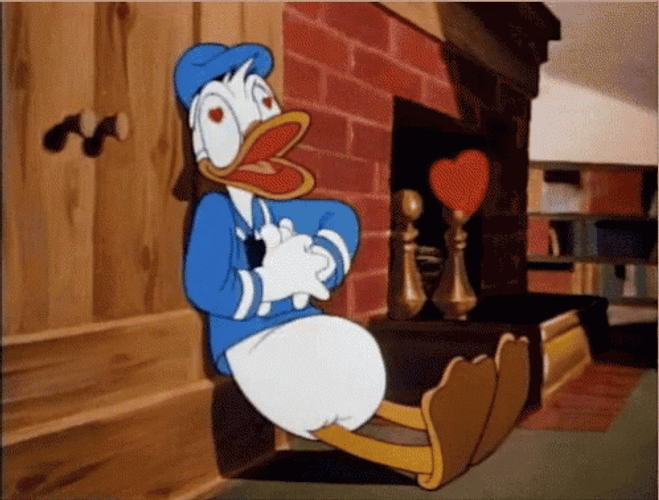 Donald Duck slumps against the wall with hearts in his eyes, clutching his heart because he's clearly taken with your brand.
