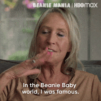 An older woman gestures at the camera, explaining "In the Beanie Baby world, I was famous.